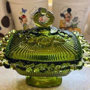 Green Indian Glass Candy Dish with Lid